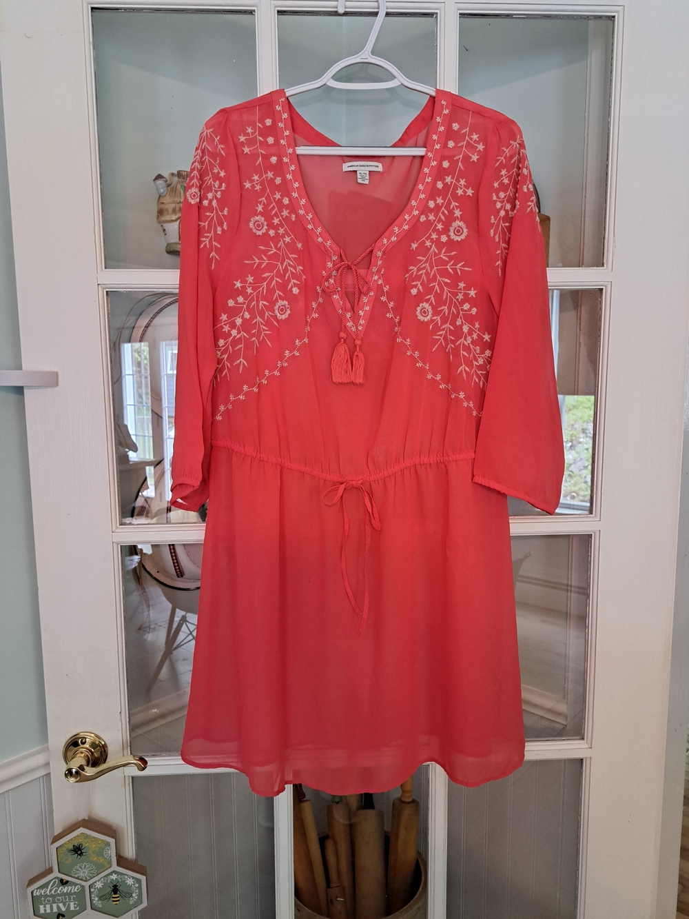 ❤️5/$25❤️Embroidered V-Neck Peasant Beach Coverup - Coral